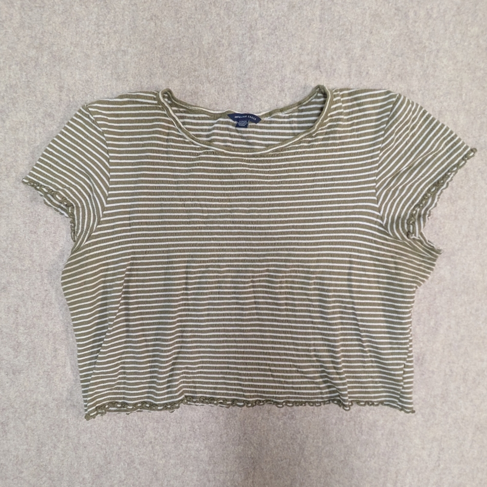 American Eagle Olive Green And White Striped Cropped Top Women's Size XL